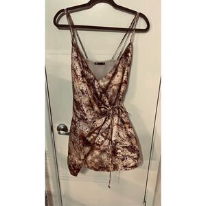 Zara Satin Effect Beige Orange Wrap Print Dress Size XS